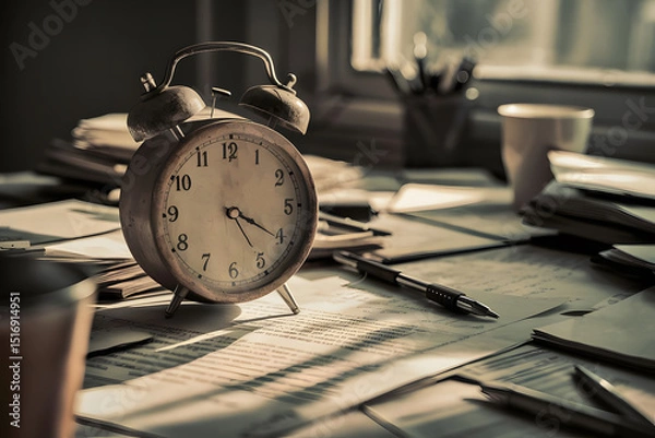 Obraz Vintage alarm clock on a cluttered desk, symbolizing deadlines and hard work.