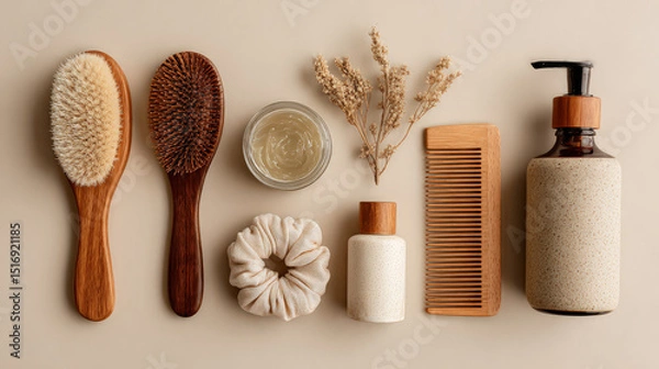 Obraz Hair care items in flat lay: brush, serum, mask, scrunchie, shampoo, comb. Neutral beige background, soft light, minimalist clean beauty top view.