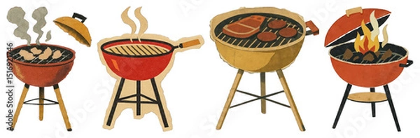 Obraz PNG Vintage barbecue grill illustrations, element set on transparent background