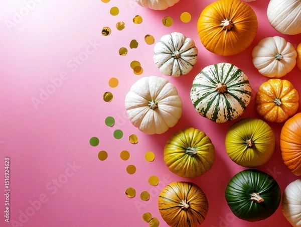 Fototapeta A vibrant top down view of colorful pumpkins in white, orange, green, and yellow, scattered playfully on a bright pink background with shiny gold and green confetti for a festive autumn look.