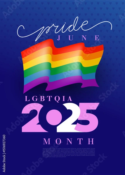 Fototapeta LGBT Pride Month 2025 concept. Freedom rainbow flag 2025 with hearts. Gay parade vector annual summer event. Happy pride month horizontal banner with pride striped ribbon flag.