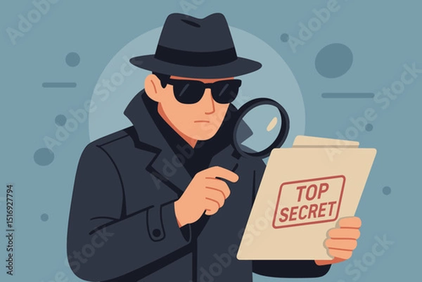 Fototapeta Undercover detective, secret agent investigating. Man in trench coat, hat, sunglasses with magnifying glass reads top secret document. Espionage, mystery, confidential files concept.