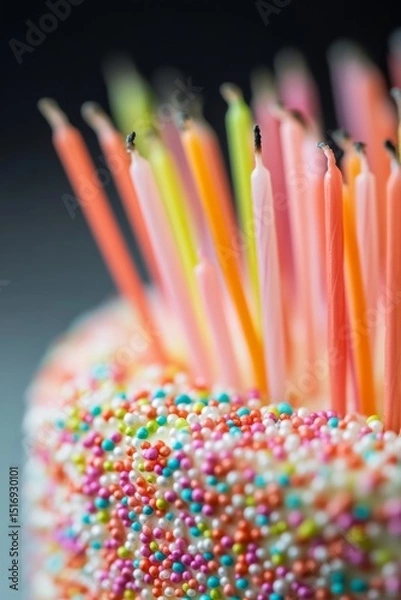 Fototapeta A cake with many candles on it, with the candles being in different colors