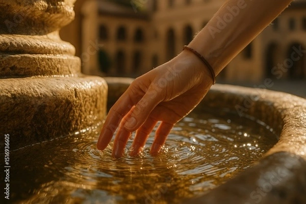 Fototapeta Serene moment of touching water fountain in tranquil urban setting