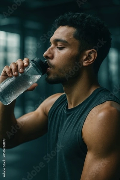 Fototapeta Athlete focusing on hydration in fitness setting for health and performance