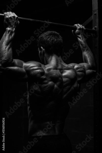 Fototapeta Powerful pull up silhouette in gym setting for fitness motivation and workout inspiration