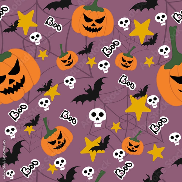 Fototapeta Warm pink Halloween seamless pattern with pumpkins, bats, skulls and Boo elements