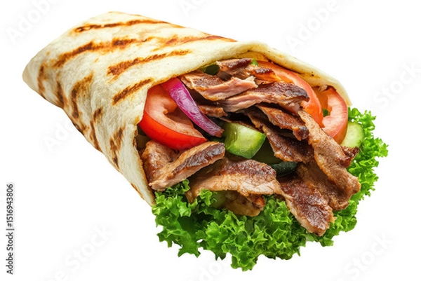 Fototapeta Delicious grilled meat kebab wrap isolated on a transparent background