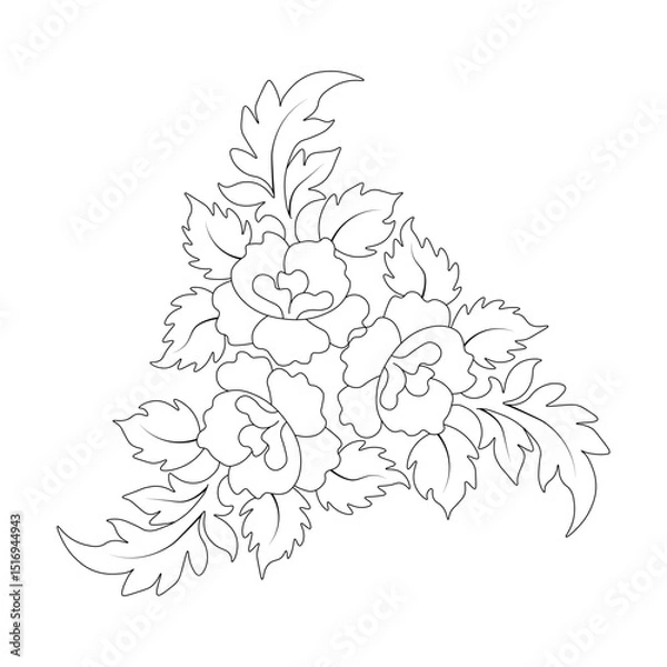 Fototapeta An illustration of a vectors different type of  flowers, traditional and cultural alpona design in continuous line art drawing style.