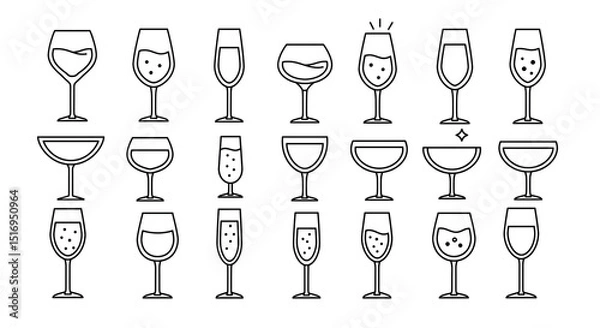 Obraz Collection of Minimalist Wine and Champagne Glass Icons - Versatile Stemware Line Art for Beverage Menus and Events.