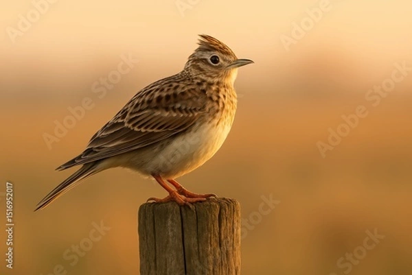 Fototapeta Lark perched gracefully on a wooden fence post during a serene dawn in a tranquil landscape