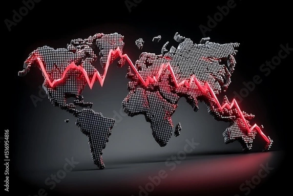 Obraz Global economic downturn depicted with a world map, red lines, and charts showing a decline in global market values, representing the current market struggles.