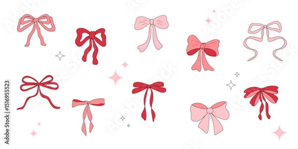Obraz A collection of pink and red hand-drawn bow illustrations in a minimalistic style. Bowknot for decoration, big set of pinky bowtie. Large retro hand drawn ribbon illustration set. Vector illustration