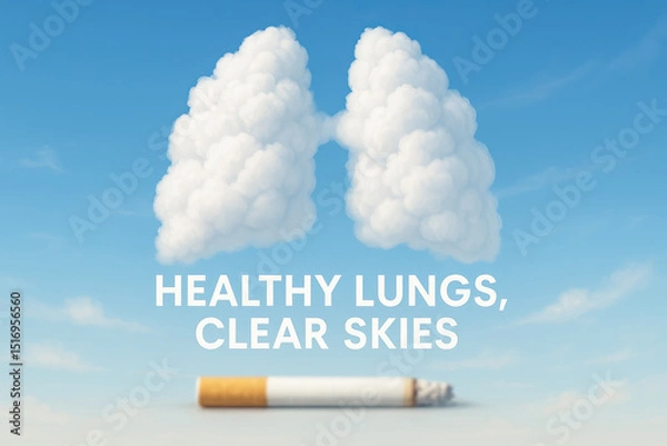 Fototapeta Lungs Made of Clouds Above Cigarette with Message Healthy Lungs, Clear Skies