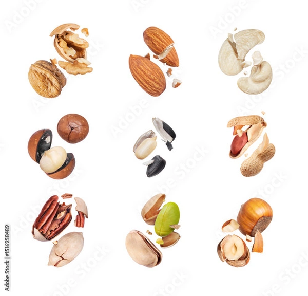 Fototapeta Set of various whole and crushed nuts in the air close-up on a white background