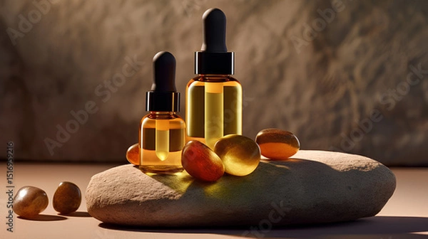 Fototapeta Two bottles of liquid oil on a rock with glass bottle stoppers