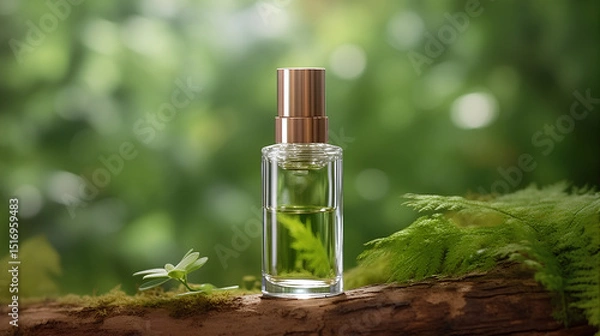 Fototapeta Glass bottle of perfume resting on log among grass in woods