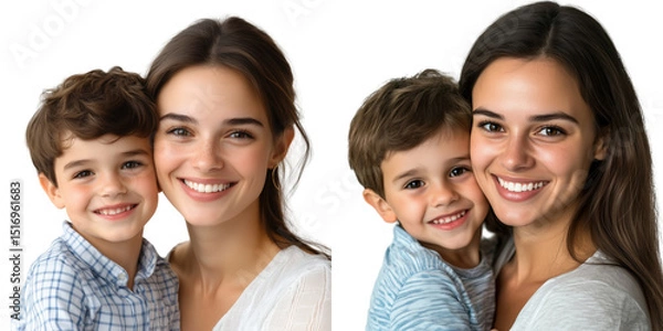 Fototapeta Set of a, Photo of a happy young mother with her son, isolated on a transparent background.