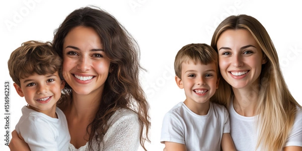 Fototapeta Set of a, Portrait of a happy, beautiful woman with her son, isolated on a transparent background.