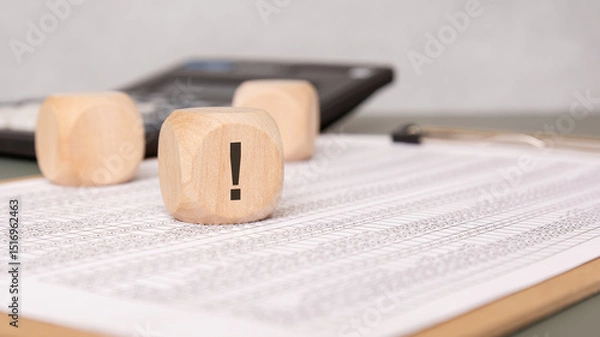 Obraz Wooden cube with exclamation mark on financial document, calculator in background