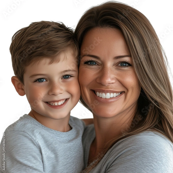 Fototapeta The boy is in the middle, with short blonde hair and a cute smile, isolated on a transparent background.