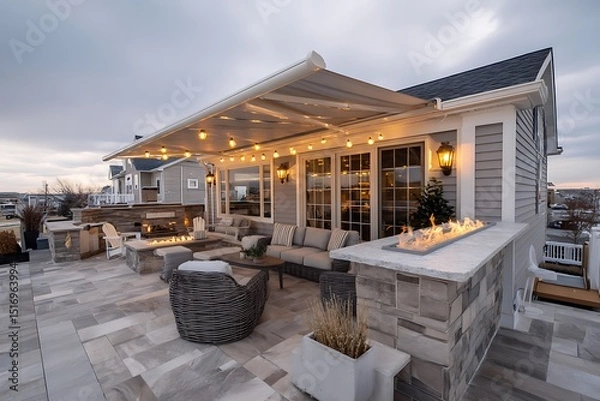 Obraz Modern patio design with a retractable awning and stone tiles, creating an elegant outdoor living space with a cozy evening ambiance.