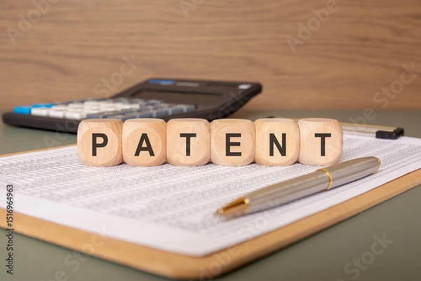 Obraz wooden cubes spelling PATENT on a financial document with a pen and calculator in the background