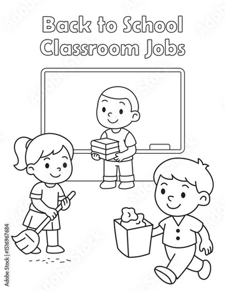 Fototapeta Coloring page showing kids doing classroom jobs like cleaning and helping. Great for school routines, behavior charts, or class roles.