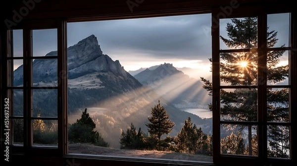 Fototapeta Window view of a mountain landscape with sunbeams streaming through, offering a peaceful and breathtaking view of nature's beauty from indoors.