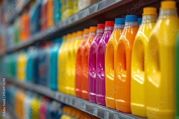 Fototapeta Laundry Detergent Bottles on Supermarket Shelf Displaying Various Colors and Liquid Products for Home Cleaning