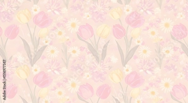 Fototapeta Soft pastel seamless floral pattern with tulips and daisies for delicate and feminine spring backgrounds