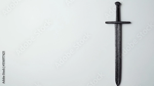 Fototapeta A silver sword centered on a split white background, symbolizing strength and clarity.
