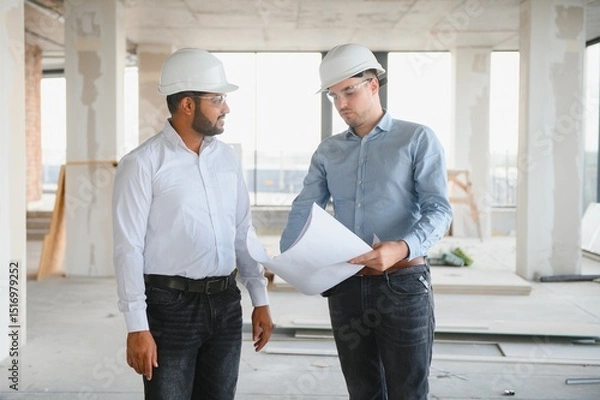 Obraz two architect engineers are walking in a constructed office building. implementation of the project