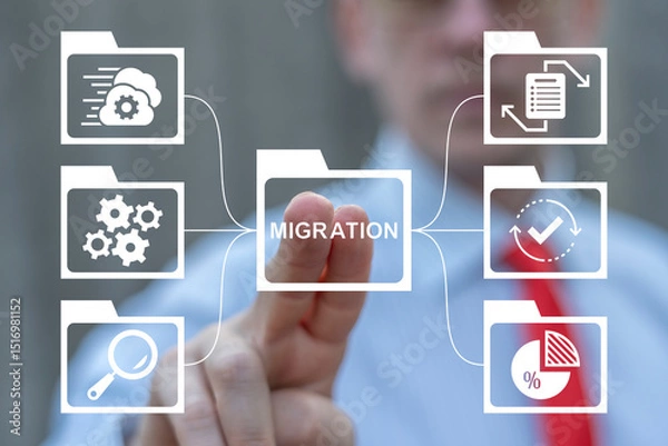 Fototapeta Business person using virtual touch screen push text: MIGRATION. Migration Data Web Technology Concept. Digital data transfer and exchange documents.
