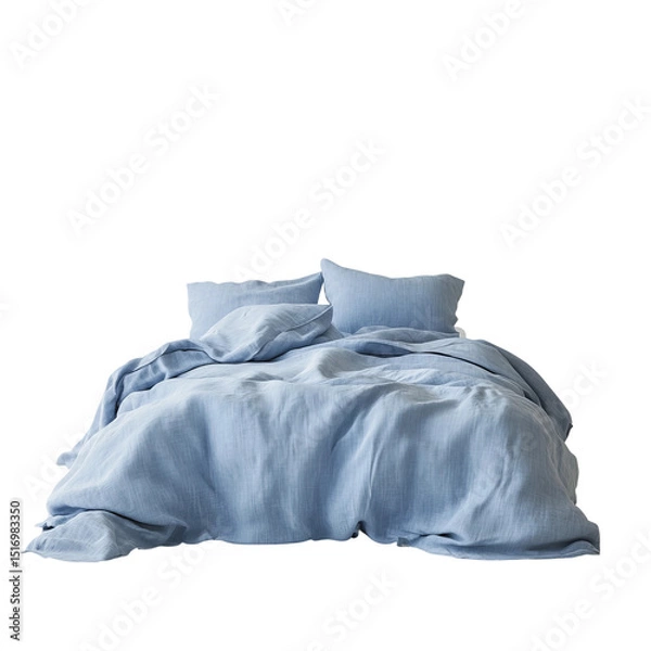 Fototapeta A inviting soft blue bed with soft sheets in a calm setting. creating a sense of tranquility and comfort.