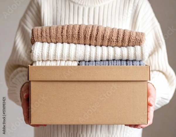 Fototapeta Person holding a box filled with neatly folded knitted sweaters indoors.