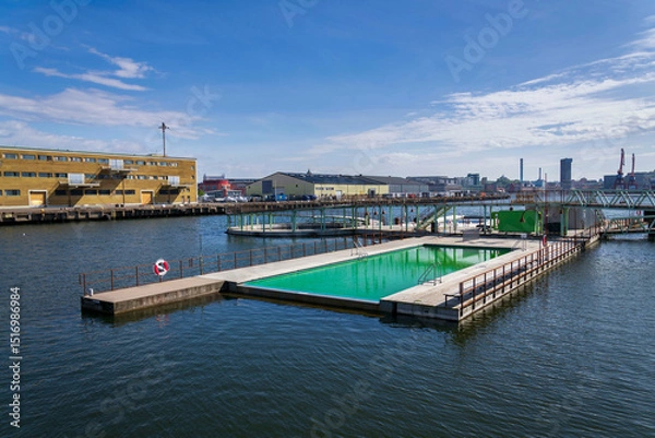 Obraz Floating swimming pools with sauna at Allmanna harbour bath in Frihamnen, Gothenburg, Sweden, sunny day
