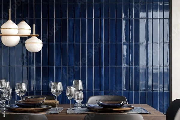 Fototapeta Elegant dining setup with glossy blue tiles and chic lighting.