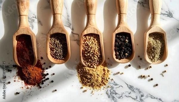 Fototapeta Mixed Spices and Seeds in Wooden Scoops with Natural Lighting on Marble