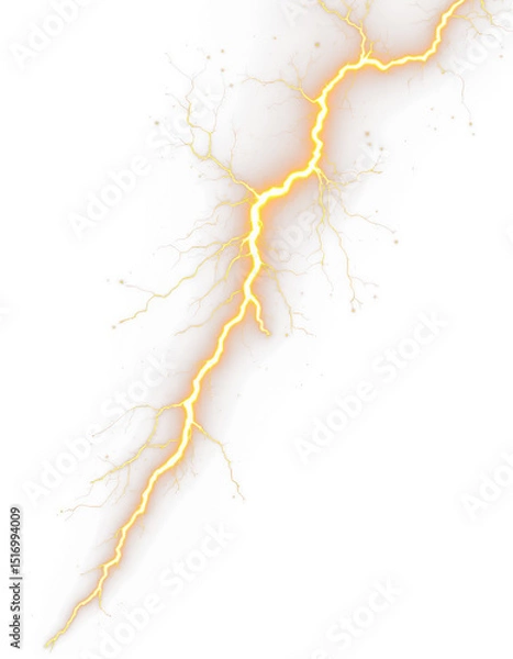 Fototapeta Yellow lightning discharge isolated on transparent background in PNG format shows intense electric energy and glowing streaks