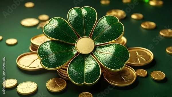 Fototapeta "Lucky Emerald Four-Leaf Clover with Golden Frame and Scattered Coins