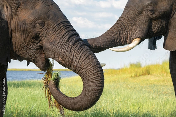 Obraz Close encounter with bull elephants from a boat. African elephant bulls playing  in the water of the Chobe River between Botswana and Namibia in the green season.
