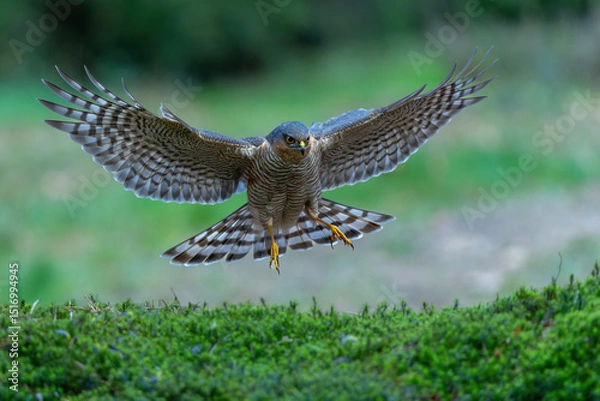 Obraz Eurasian Sparrow hawk (Accipiter nisus) flying in the forest in the Netherlands.   