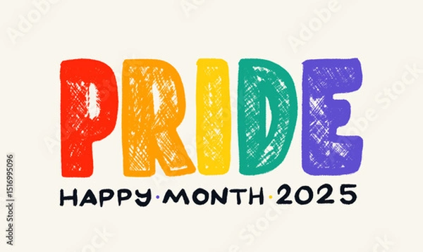 Fototapeta Lettering bold rainbow text PRIDE with minimal layout for 2025 LGBTQ celebration message. Calligraphy Pride Month 2025 with a love. Vector Illustration on white background.
