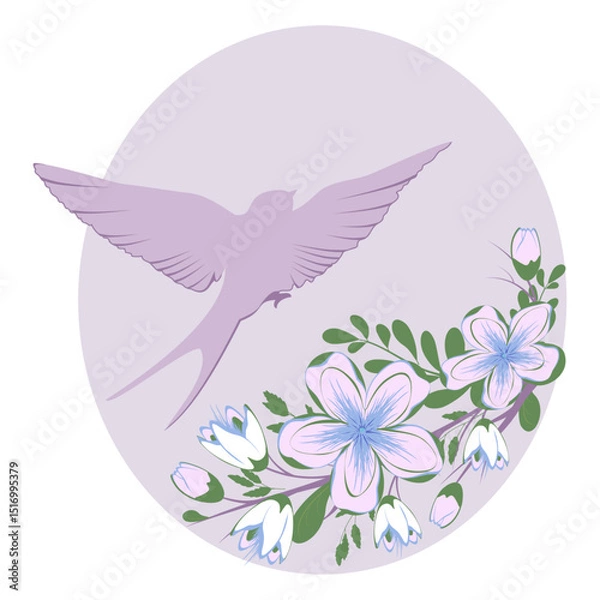 Fototapeta Flying swallow bird with flowers. Vector illustration.	
