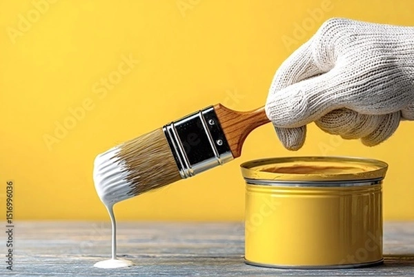 Obraz Gloved hand holding a paintbrush dripping with white paint over an open can of yellow paint against a vibrant yellow backdrop, suggesting a diy home improvement project