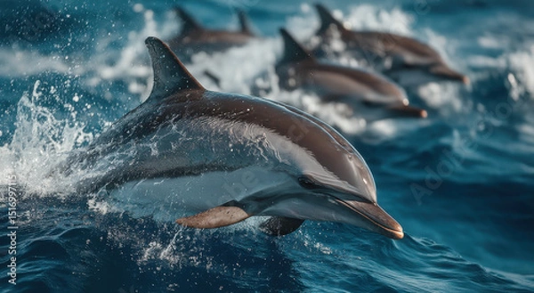 Fototapeta Pod of Dolphins Swimming in the Ocean, Representing Marine Conservation and Ecotourism, With Waves Crashing Around Them