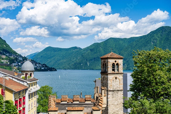 Obraz Lugano, Switzerland at daylight in spring on Lake Lugano.