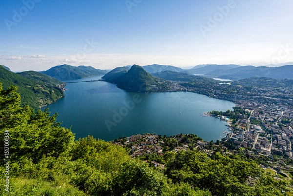 Obraz Lugano, Switzerland - Aerial view of the beautiful city of Lugano, showcasing Lake Lugano, surrounding mountains, and the stunning Swiss landscapes.