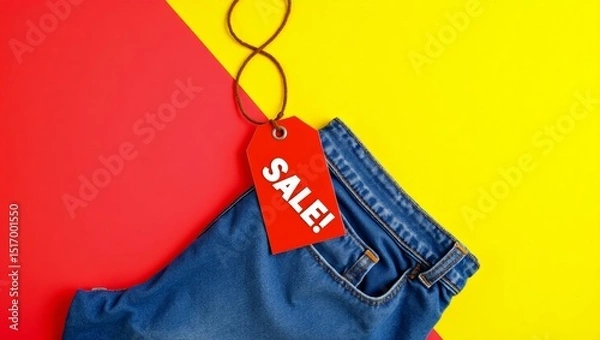 Obraz Eyecatching sale advertisement featuring closeup of blue denim jeans with bold red sale tag on bright yellow background